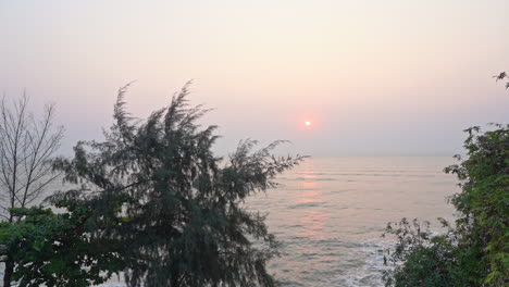 un sol rosa, se pone sobre un horizonte oceánico y entre frondosos árboles verdes