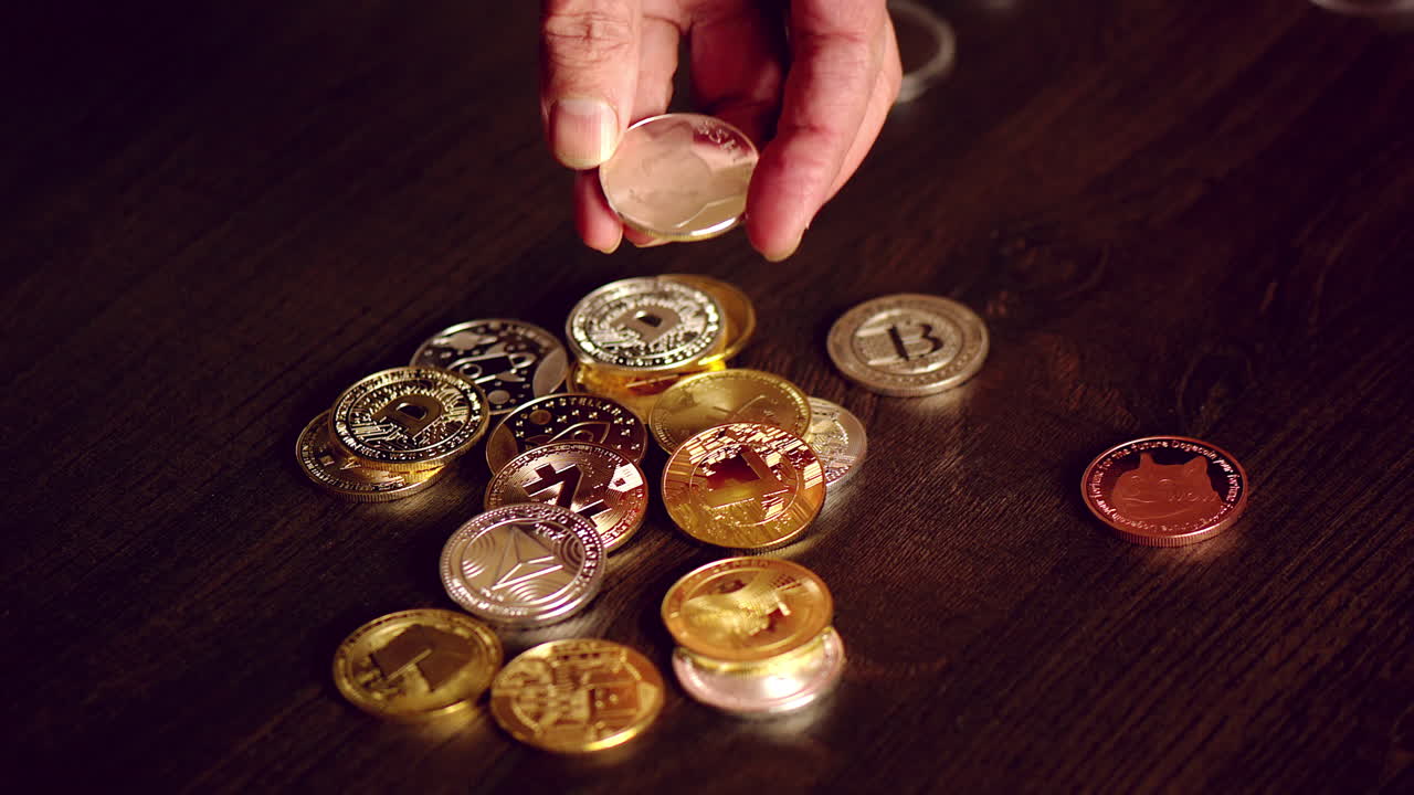 Man hand holding crypto coins and shibacoin and dodgecoin on a table