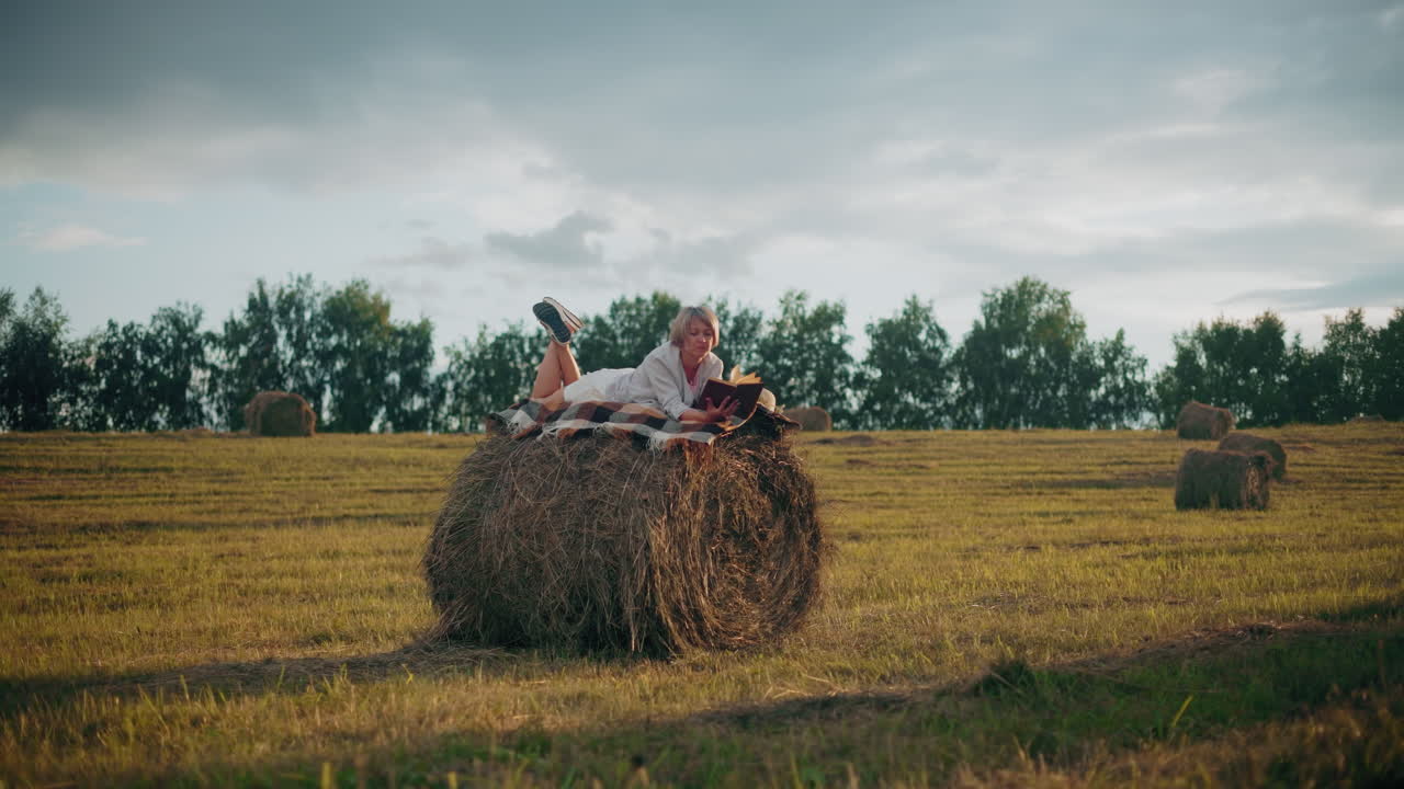 romanziere sdraiato su una palla di fieno con una coperta a scacchi, che legge un libro in un campo aperto e tranquillo, che si concentra sul piacere della lettura mentre è circondato dalla natura e da un vasto campo