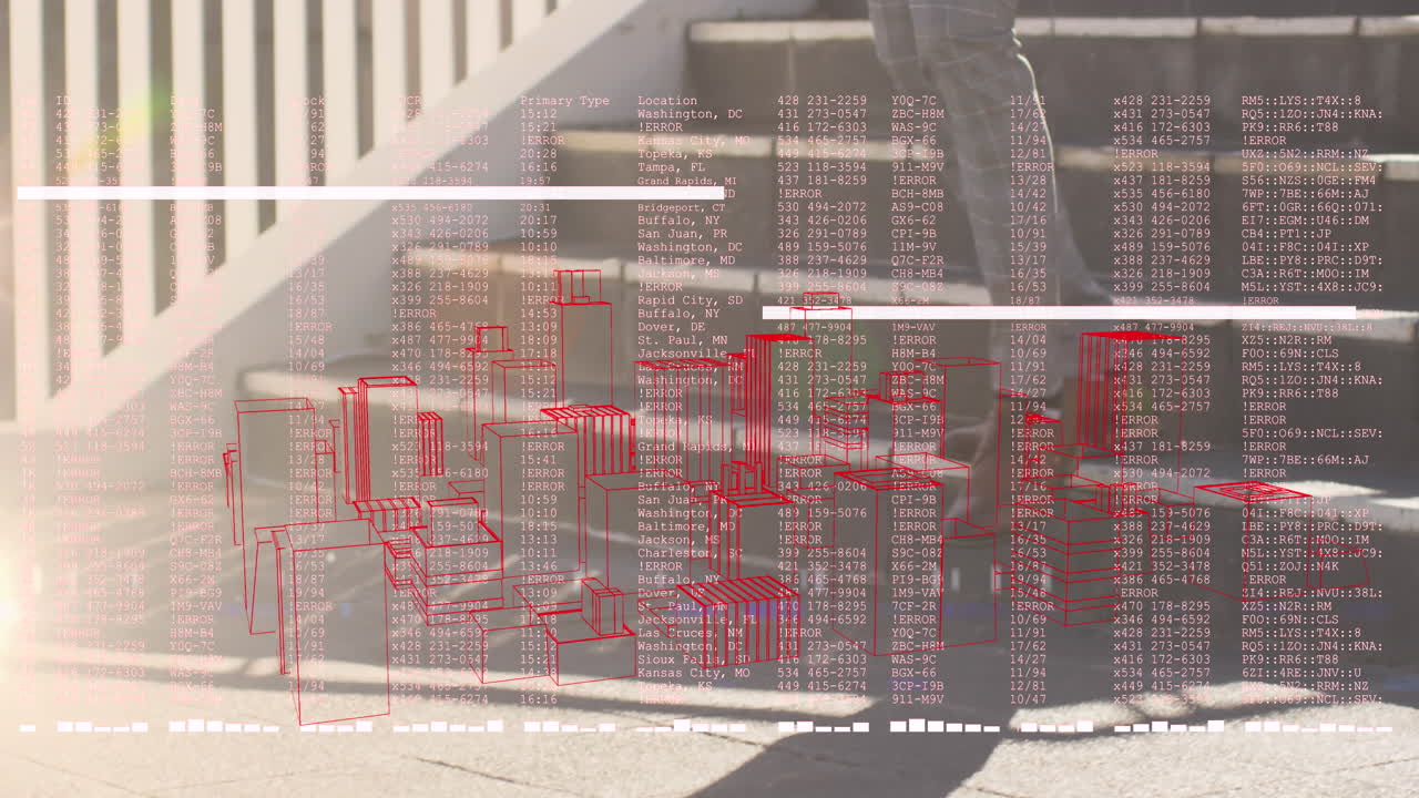 animación de procesamiento de datos financieros sobre el hombre caminando por las escaleras afuera