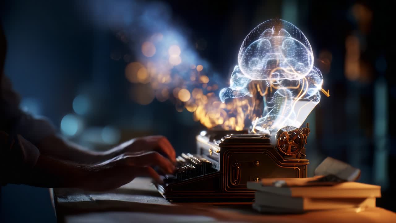 A Mystical Typewriter Transforms Ideas into Reality with a Radiant Flow of Dreamlike Concepts, Merging Technology and Imagination into an Artistic Expression of Creativity