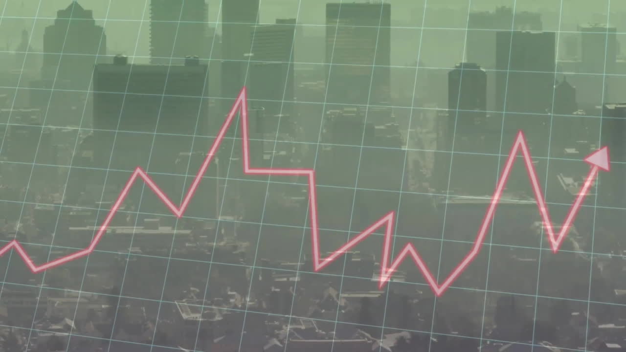 animación del procesamiento de datos financieros sobre el paisaje urbano