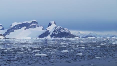 aerial drone shot of antarctica scenery, global warming visible with melting snow, climate change with ice melted from the mountains, antarctic peninsula landscape in winter weather, southern ocean