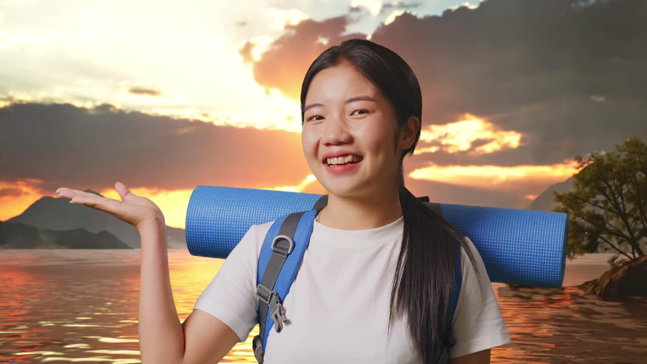 해가 지는 동안 행복한 여인 여행자