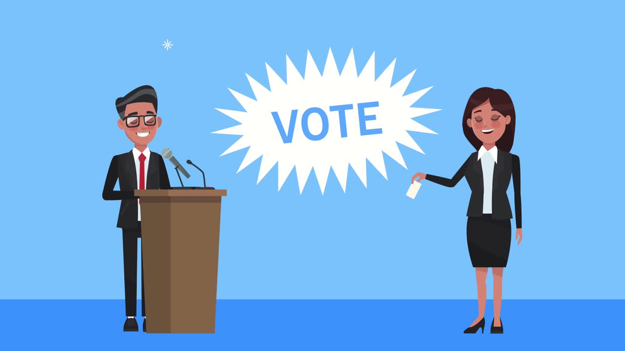 후보 커플이 포디움에서 연설하고 있습니다.