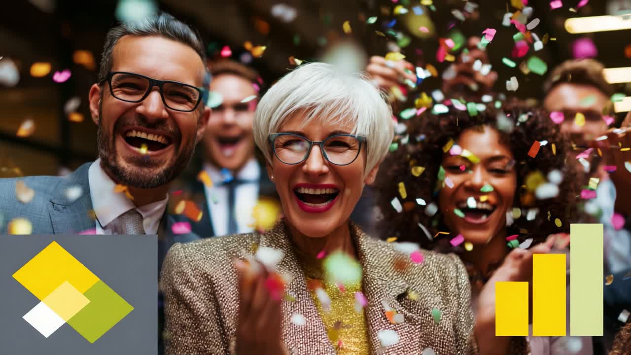 A joyful celebration captured in a moment, featuring a group of diverse individuals sharing laughter and joy as colorful confetti falls around them, creating an atmosphere of happiness