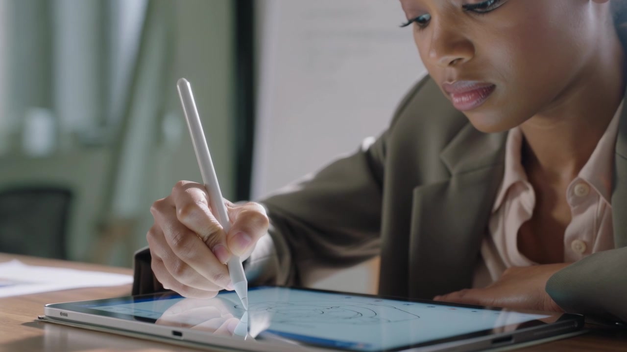 Leaning woman in blazer drawing on tablet at office desk, bringing stylus down and refining design