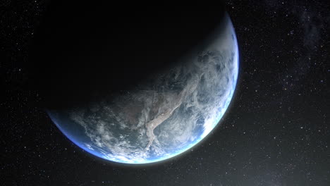 vertical format : a cinematic rendering of planet earth during sunrise as view from space with vibrant blue sky atmosphere