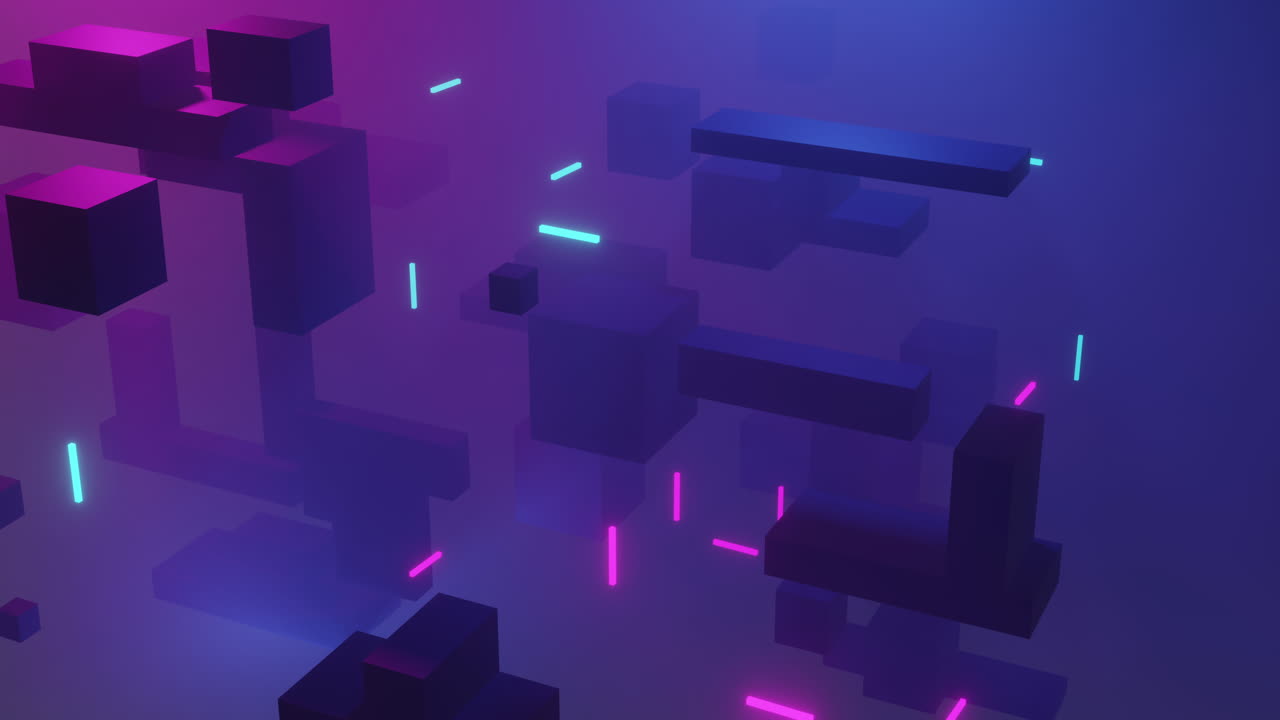 Animation of glowing light trails moving over cubes on purple background