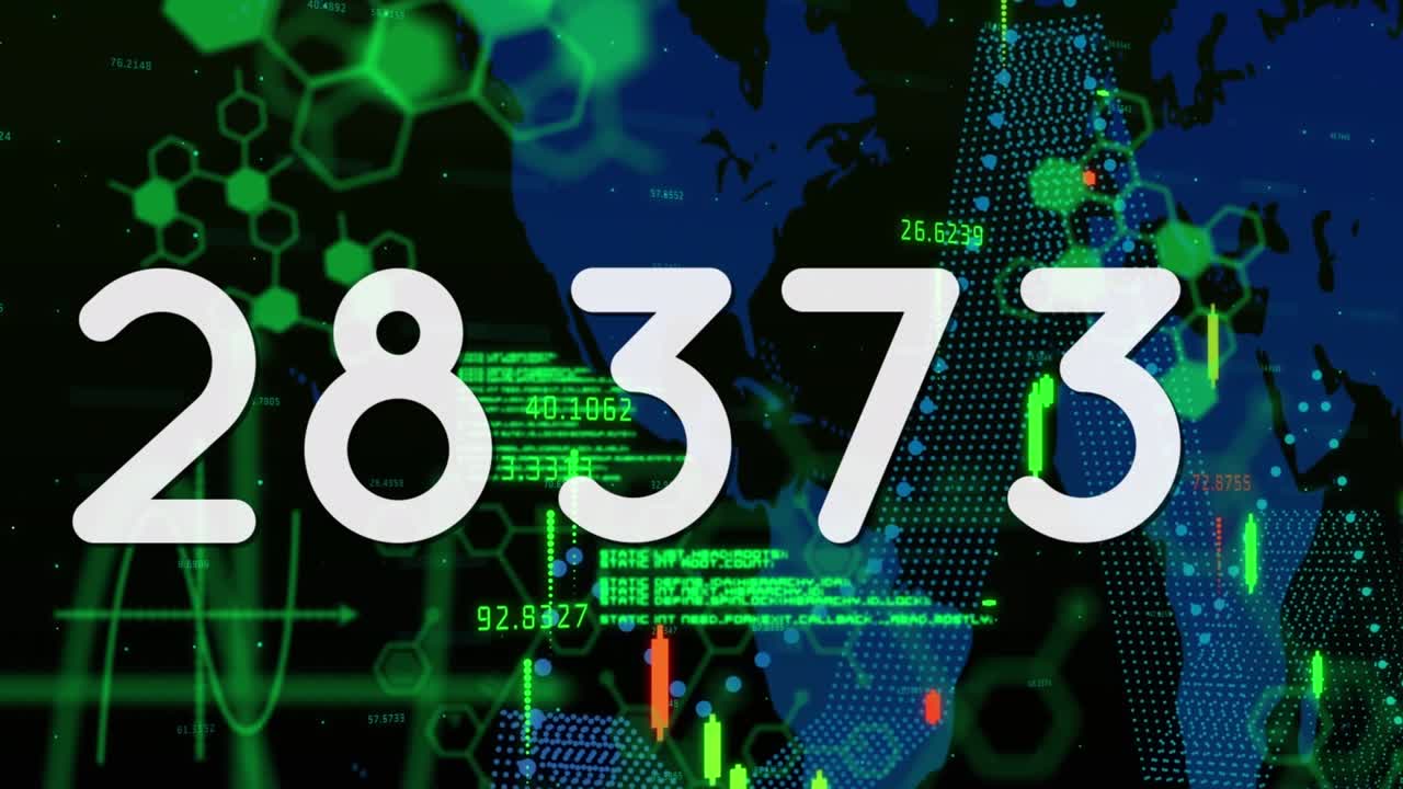 Animation of numbers and data processing on black background