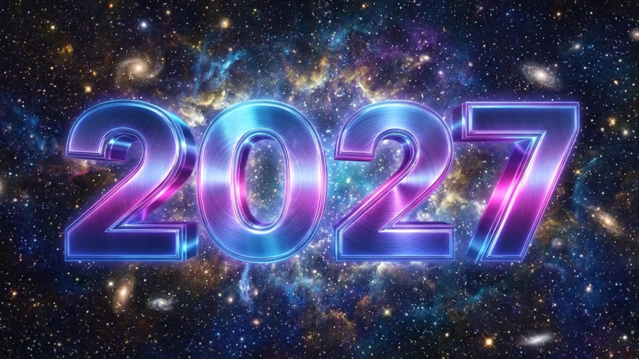 Animazione del numero Anno Nuovo 2027 con testo cosmico viola-blu su sfondo scuro
