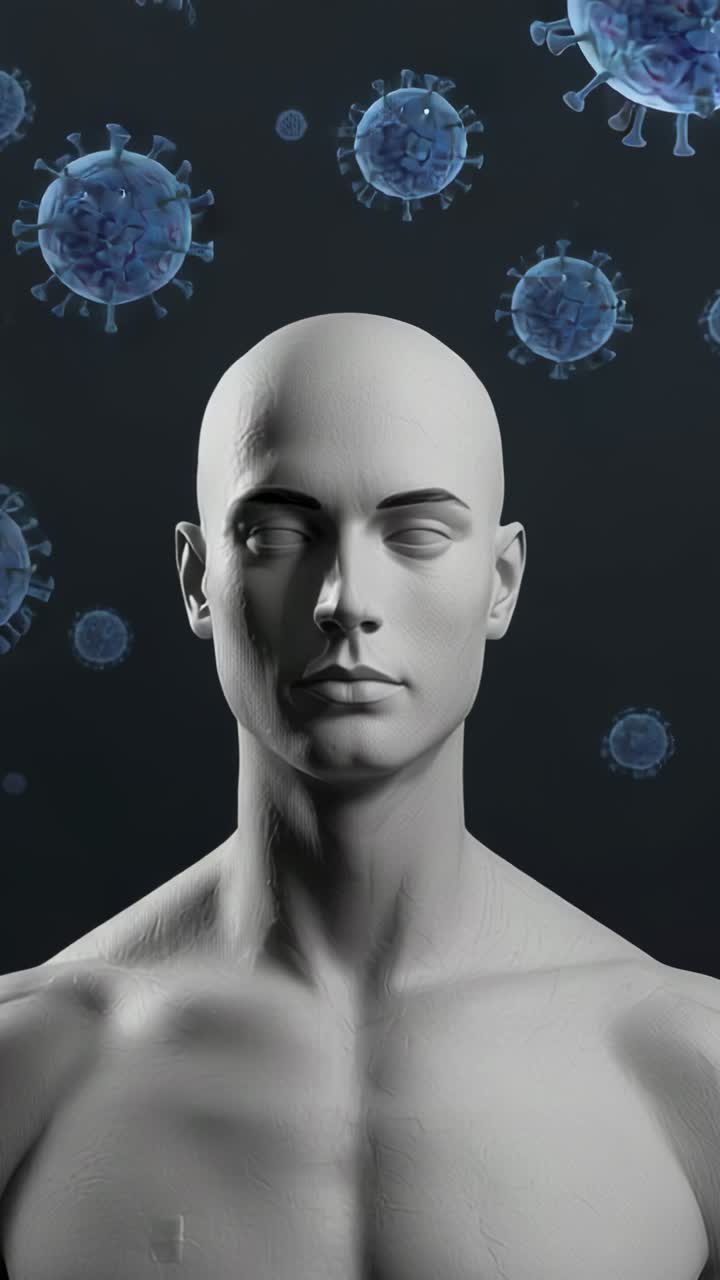 Vertical video: Rotating marble bust revealing left profile in studio, with floating viral models