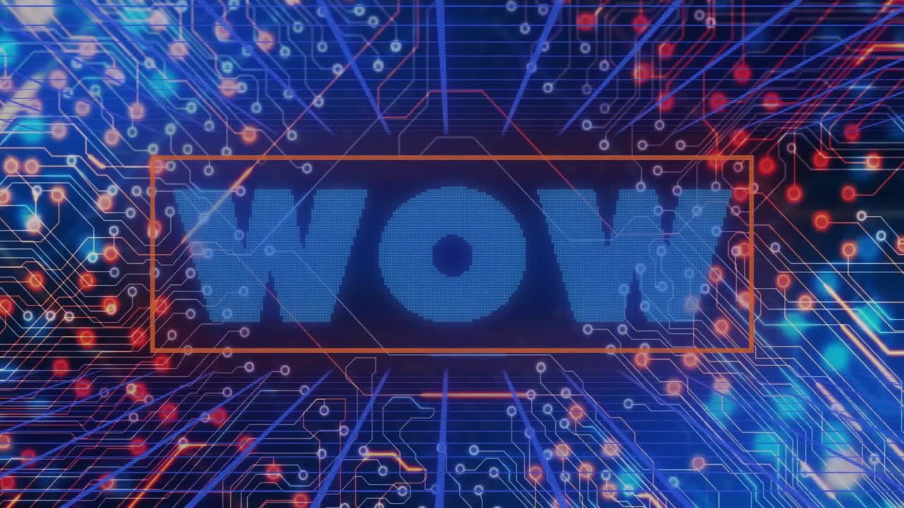 Animation of Wow text with vibrant circuit patterns and glowing digital lines