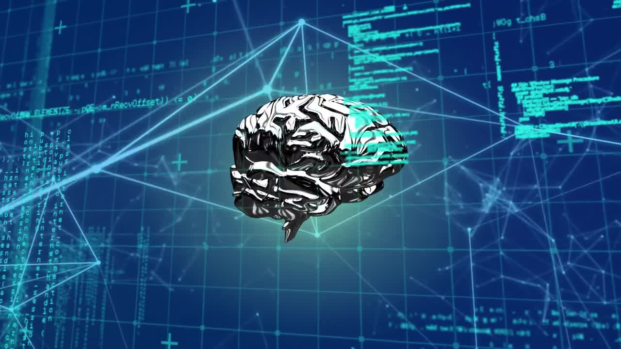 파란색 배경을 배경으로 디지털 뇌를 회전시키는 연결 네트워크의 디지털 애니메이션