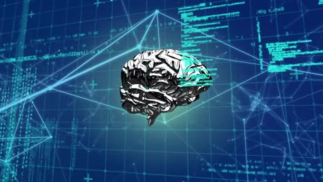 animación digital de la red de conexiones sobre el cerebro digital girando contra un fondo azul