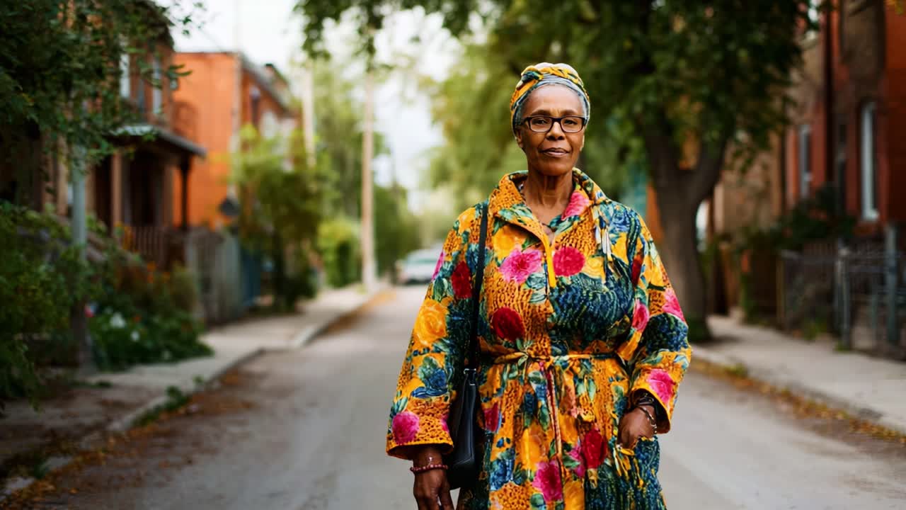 Uma mulher idosa confiante se destaca orgulhosamente em uma rua tranquila, exalando graça e estilo em um robe floral vibrante enquanto abraça seus arredores com equilíbrio e serenidade