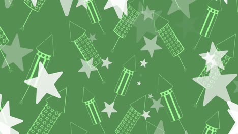 Animation-of-white-stars-and-rocket-fireworks-on-green-background