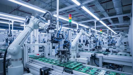 robotic arms assembling electronics in a modern manufacturing plant