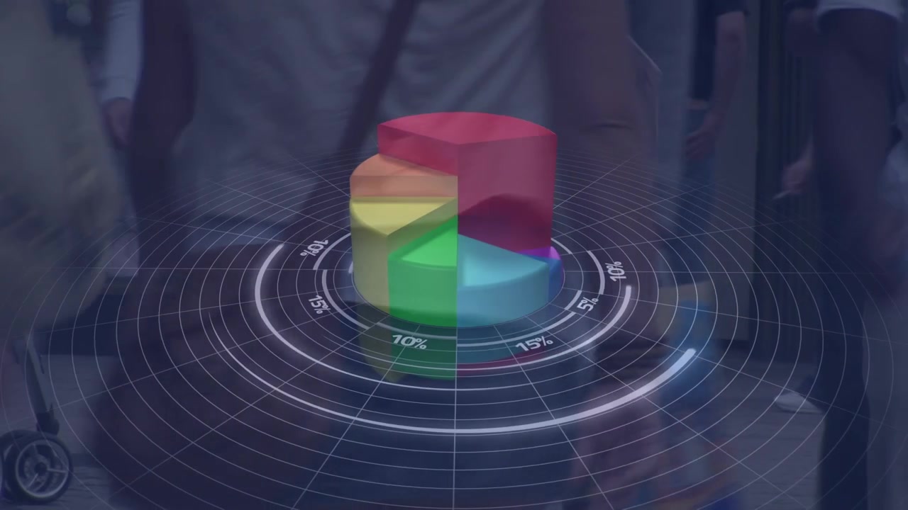 Animación de procesamiento de datos y gráficos sobre personas diversas caminando en una oficina.