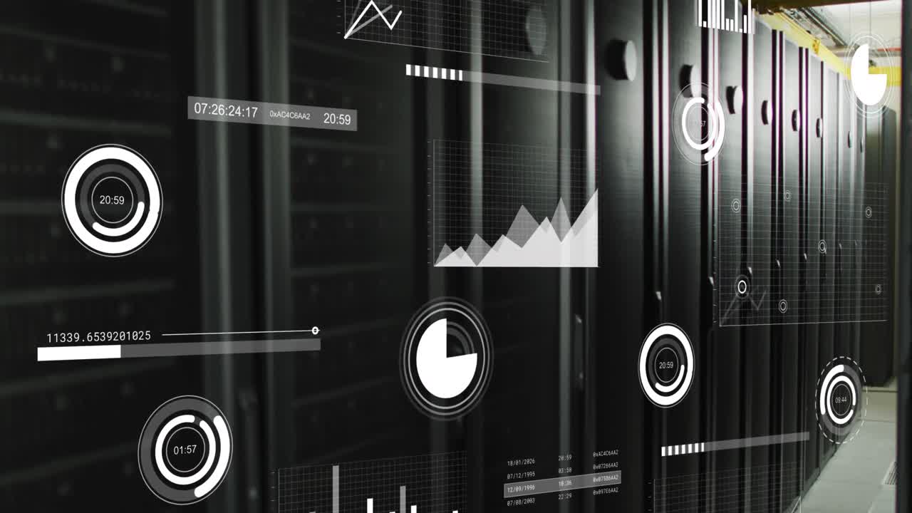 animación de la interfaz con el procesamiento de datos estadísticos contra la sala de servidores informáticos