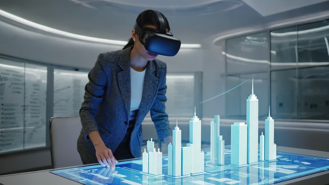 Woman using VR headset to interact with holographic city model