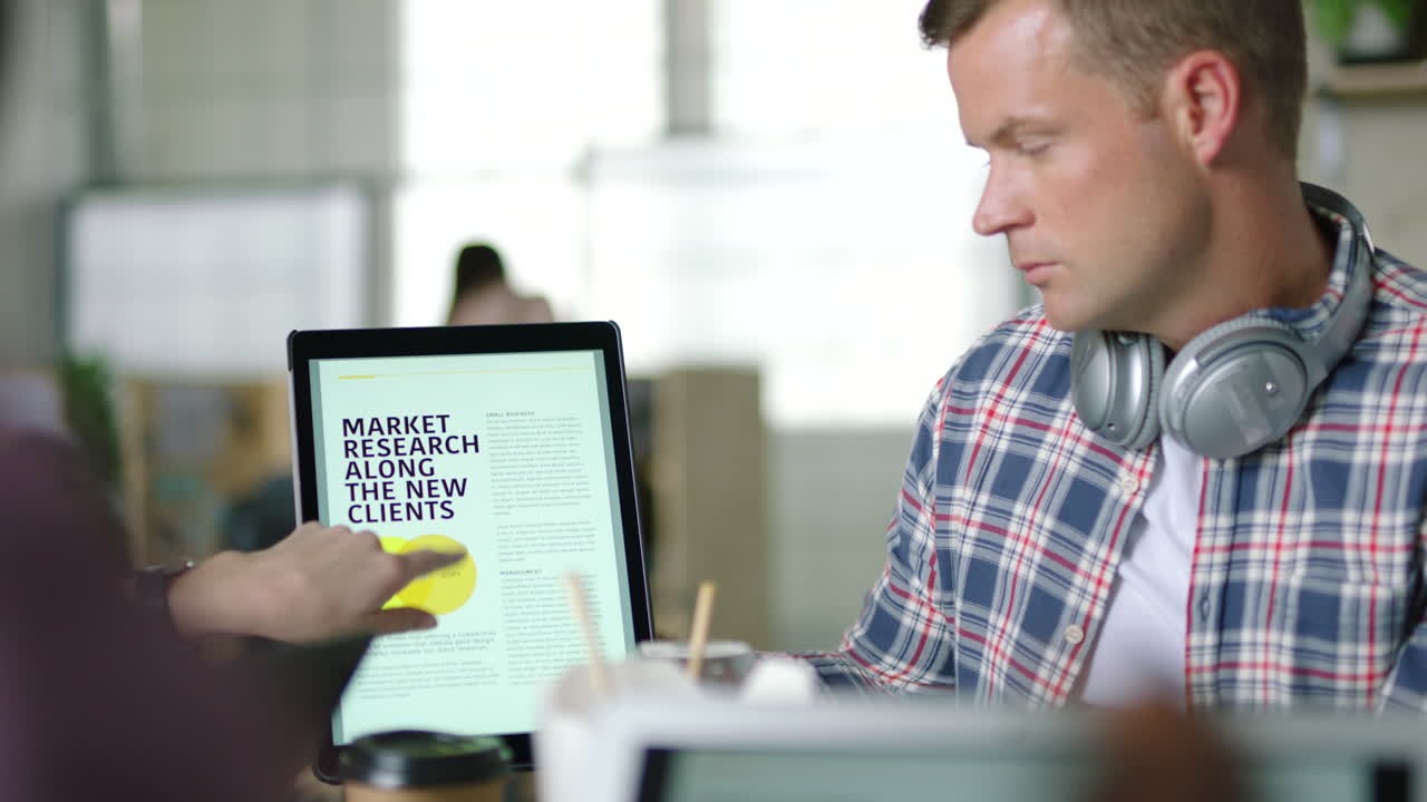 Tablet, business man and marketing research