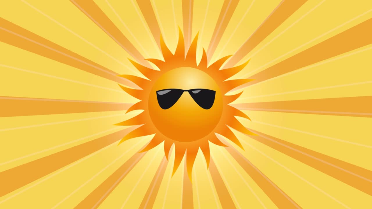 анимированный летний фон. солнце с солнцезащитными очками, вращающиеся солнечные лучи. иллюстрация, петлевые кадры