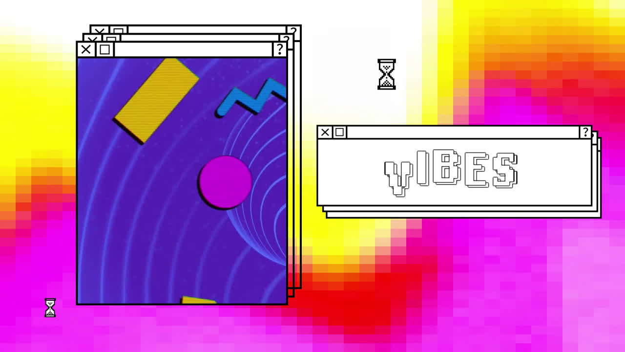 네온 패턴을 가진 텍스트 및 컴퓨터 창 스크린의 진동 애니메이션