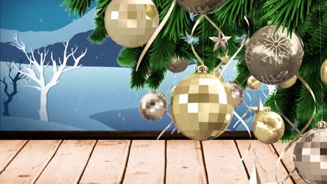 Animation-of-christmas-tree-with-decorations-over-snow-falling-and-winter-landscape