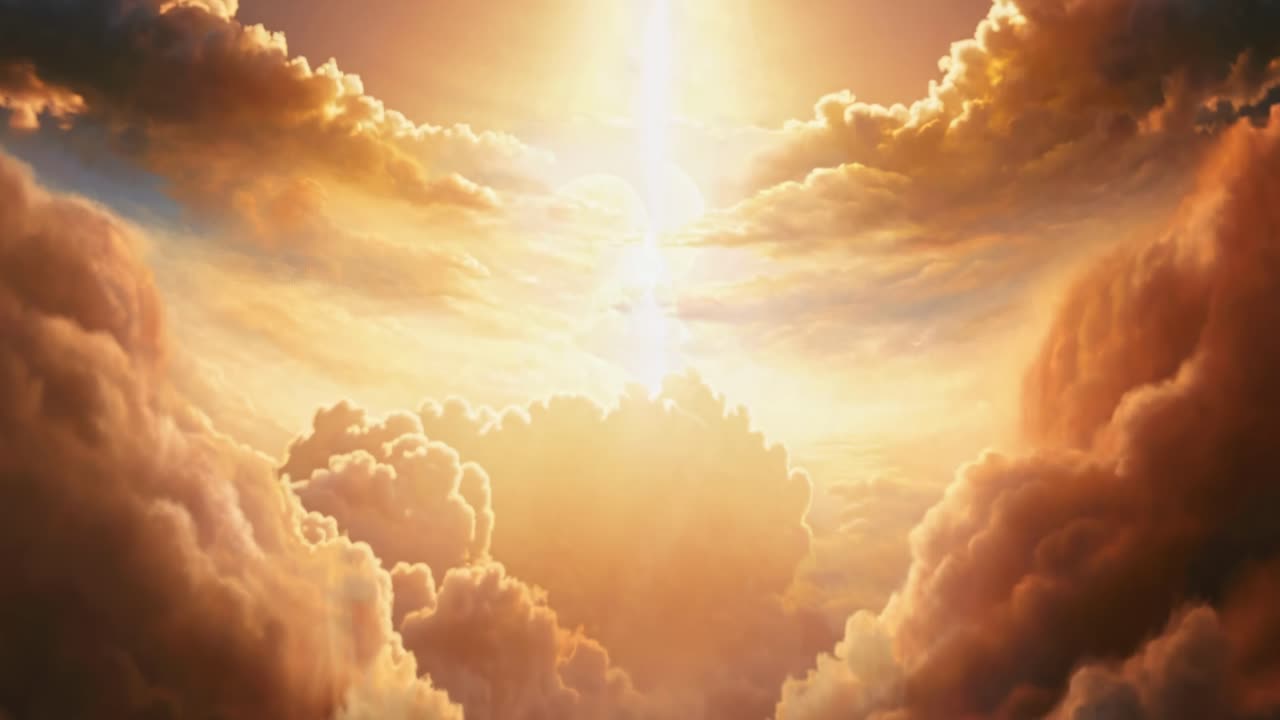 A divine figure bathed in golden light, surrounded by clouds