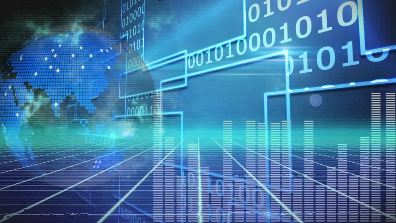 글로벌 아이콘, 음악 이라이저 및 파란색 배경에 그리드 네트워크를 통해 이진 코딩의 애니메이션