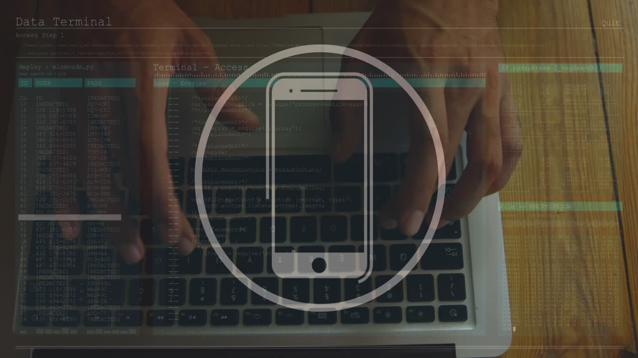 animación del icono del teléfono inteligente y procesamiento de datos sobre el hombre caucásico usando una computadora portátil.
