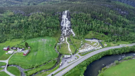 aerial footage from tvindefossen waterfall, norway