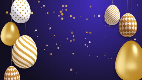 festive blue background with golden easter eggs on strings swaying in the wind. looped spring 3d animation on a christian theme. empty copy space for text.