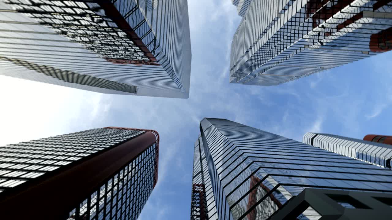 disparo de bajo ángulo desde el suelo al cielo de los rascacielos de la ciudad