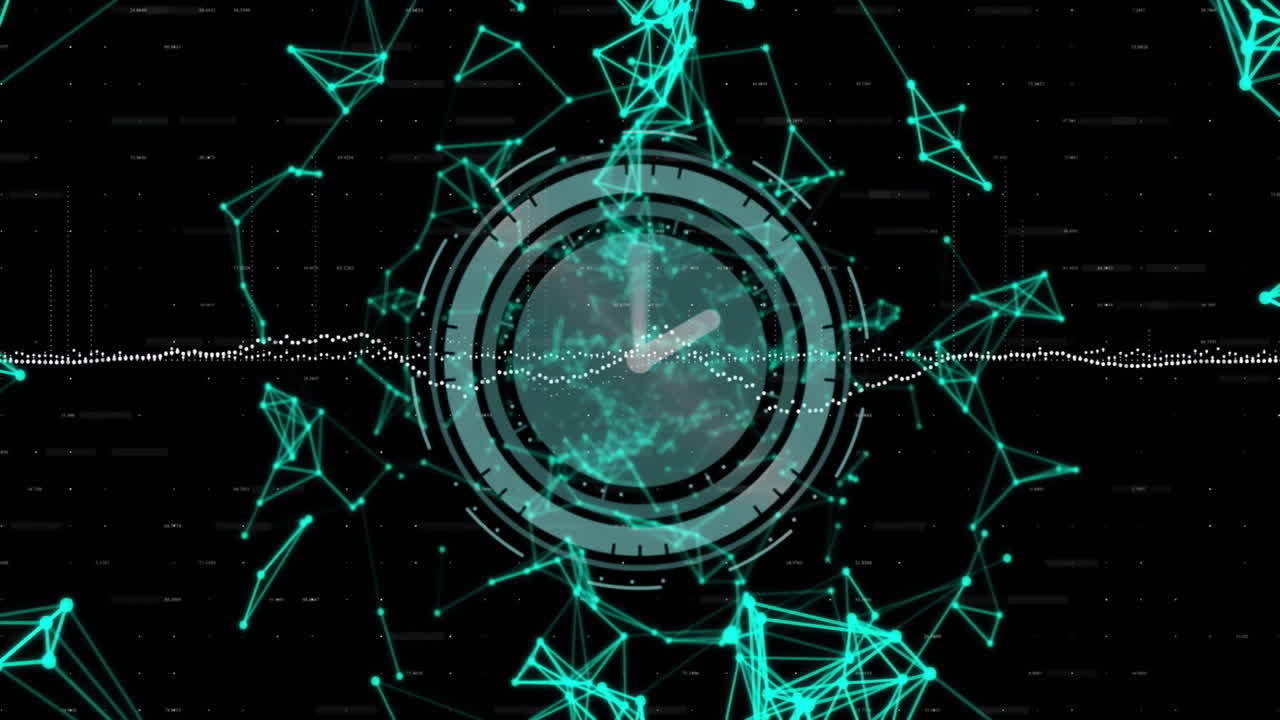 Animation of data stream over scanner with clock hands and networks on black background