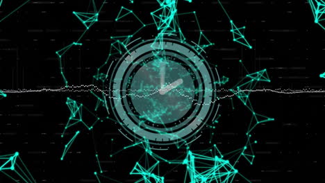 animation of data stream over scanner with clock hands and networks on black background