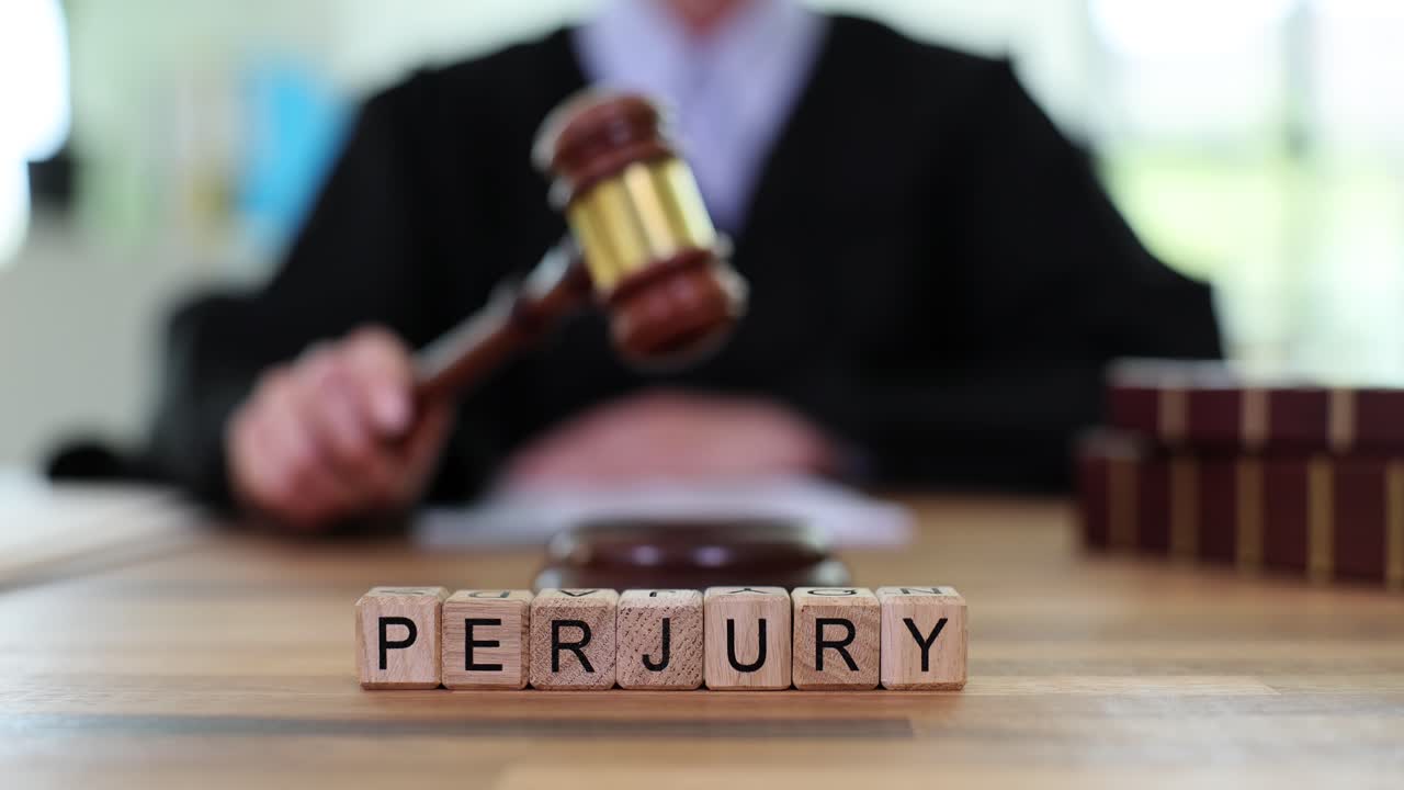 Judge with gavel and 'PERJURY' text blocks