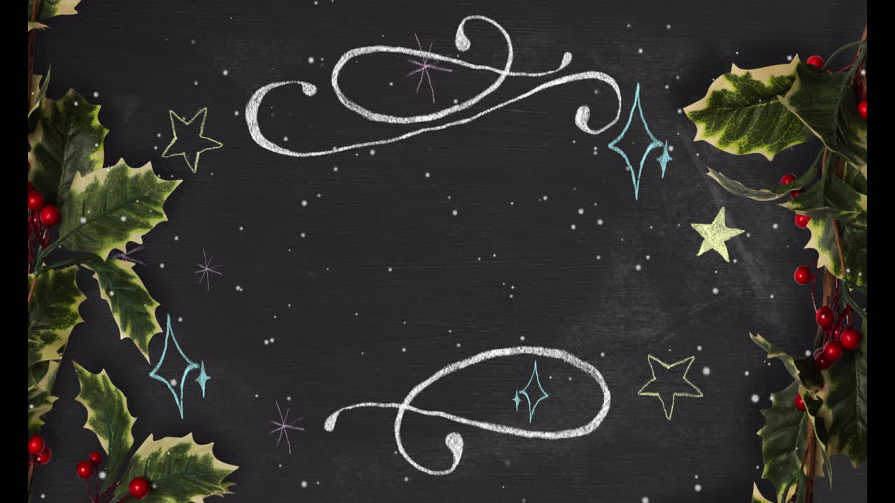 Animation of snow falling over holly, stars and shapes with copy space on black background