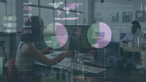 animation of financial data processing over diverse business people in office