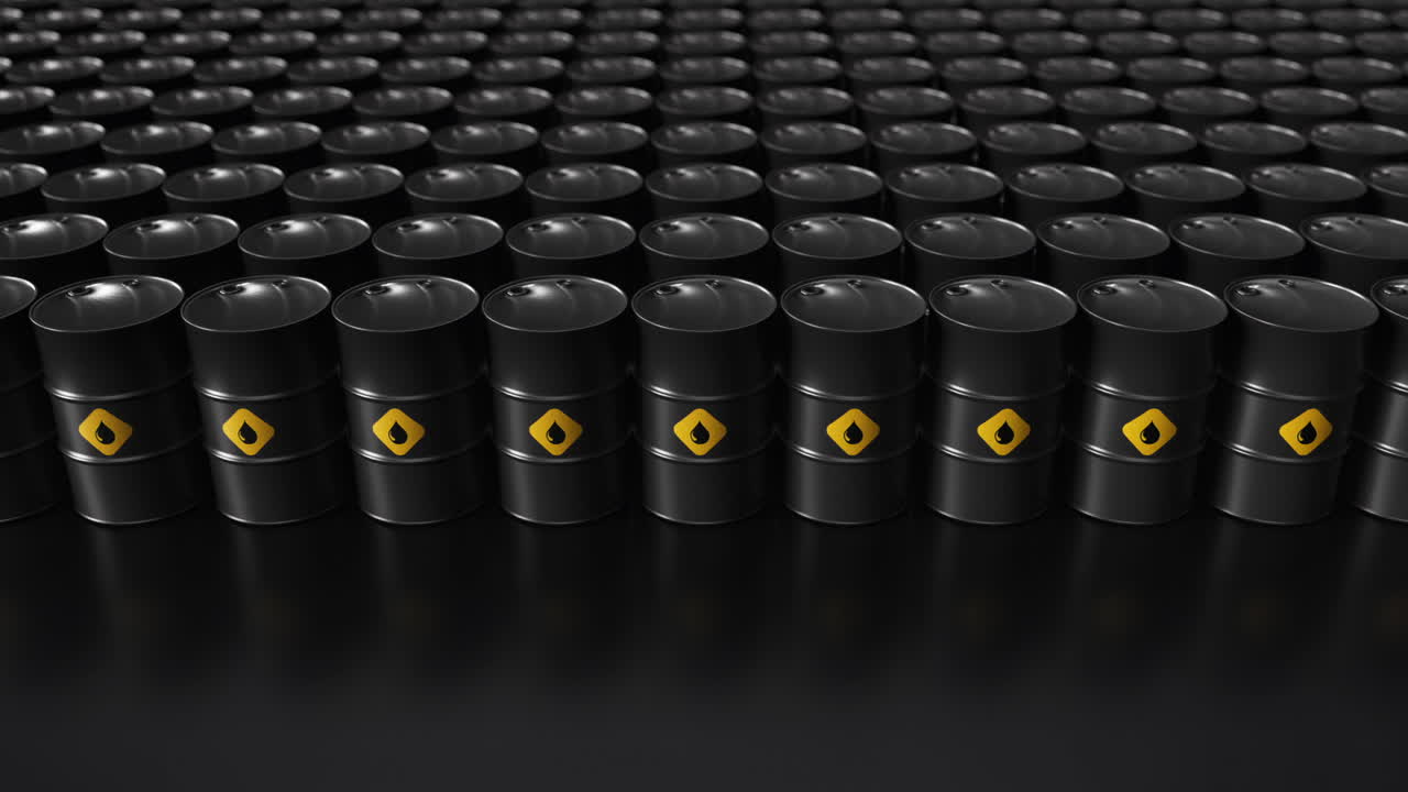 배경 에 있는 석유 배럴 의 줄. 저장 및 생산 의 3d 애니메이션