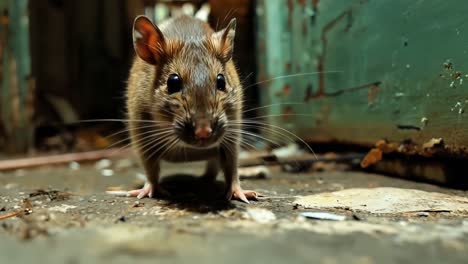 a rat standing on the ground in front of a building