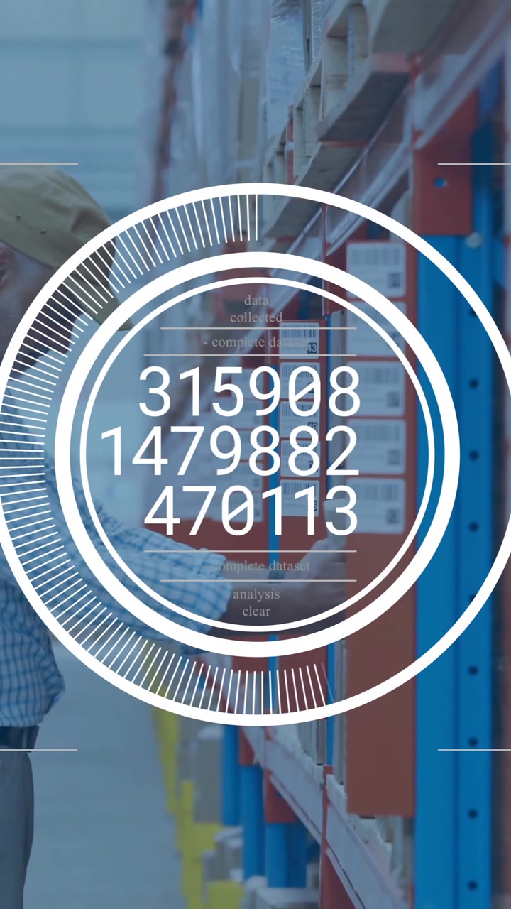 Animation of financial data processing over caucasian man working in warehouse