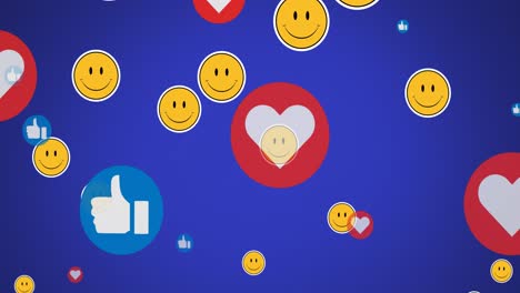 animation of social media icons and smiley emoji icons on blue background