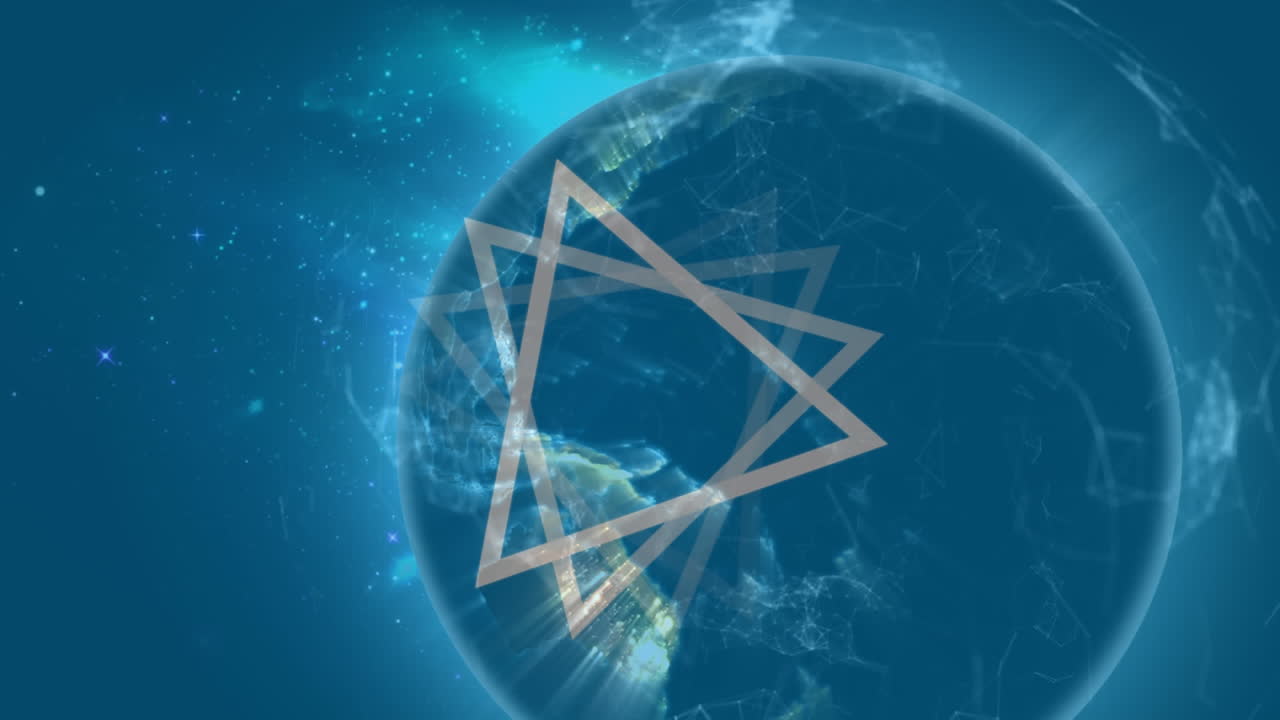 Animation von sich drehenden weißen Dreiecken mit einem Globus eines Netzwerks von Verbindungen
