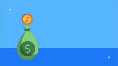 animación financiera con bolsa de dinero y monedas