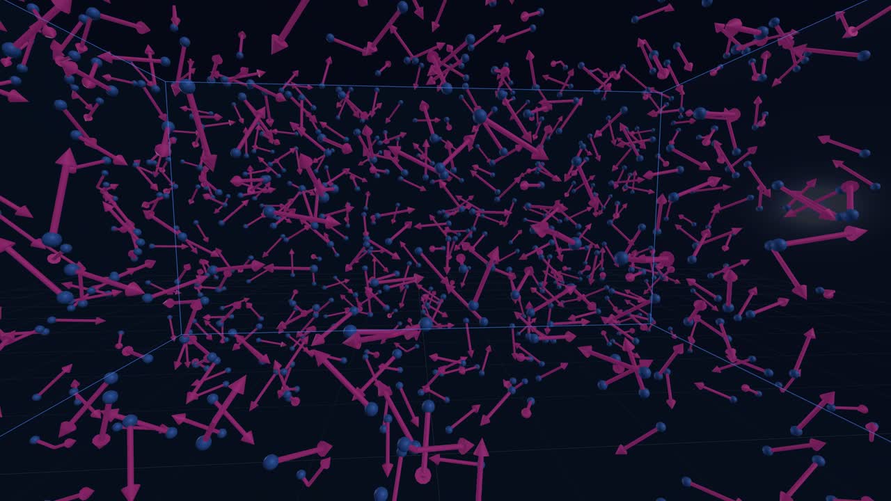 Scientific animation of blue molecules colliding inside a transparent box with pink directional velocity arrows