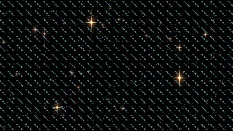 digital animation of multiple shining stars over wavy lines in seamless pattern on black background