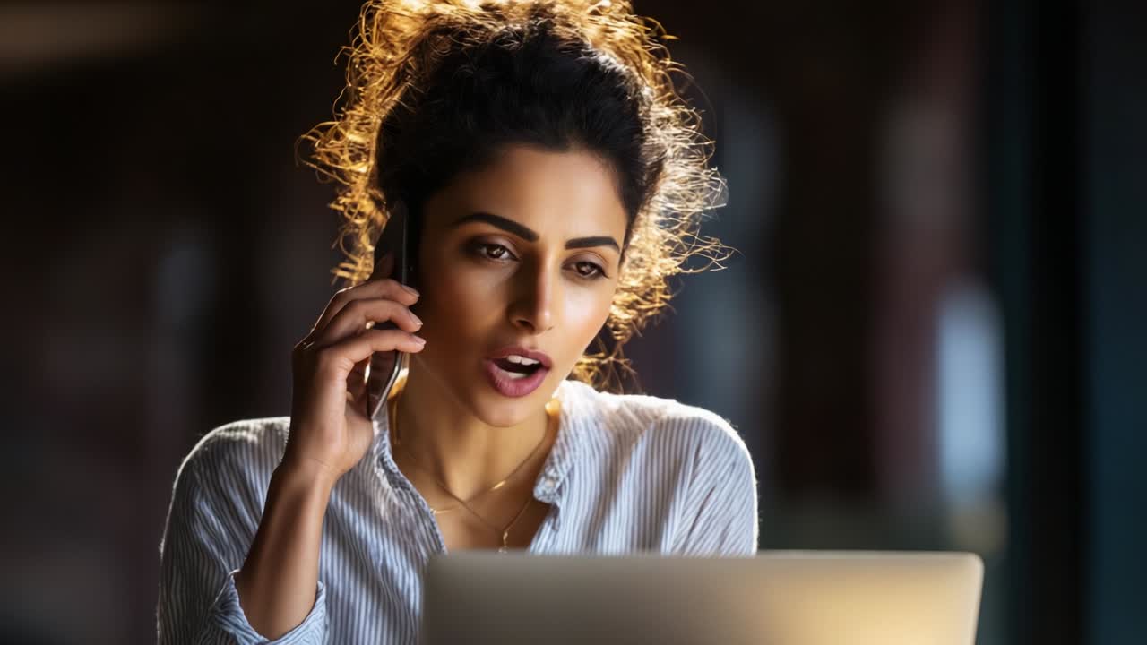 A focused woman engaged in a phone conversation while working on her laptop in a well-lit environment, highlighting her concentration and the importance of communication in a modern workspace