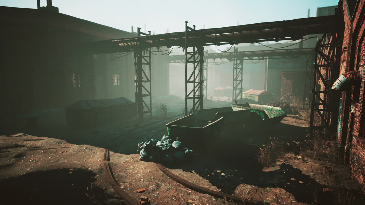 Abandoned factory with concrete ruins in industrial district